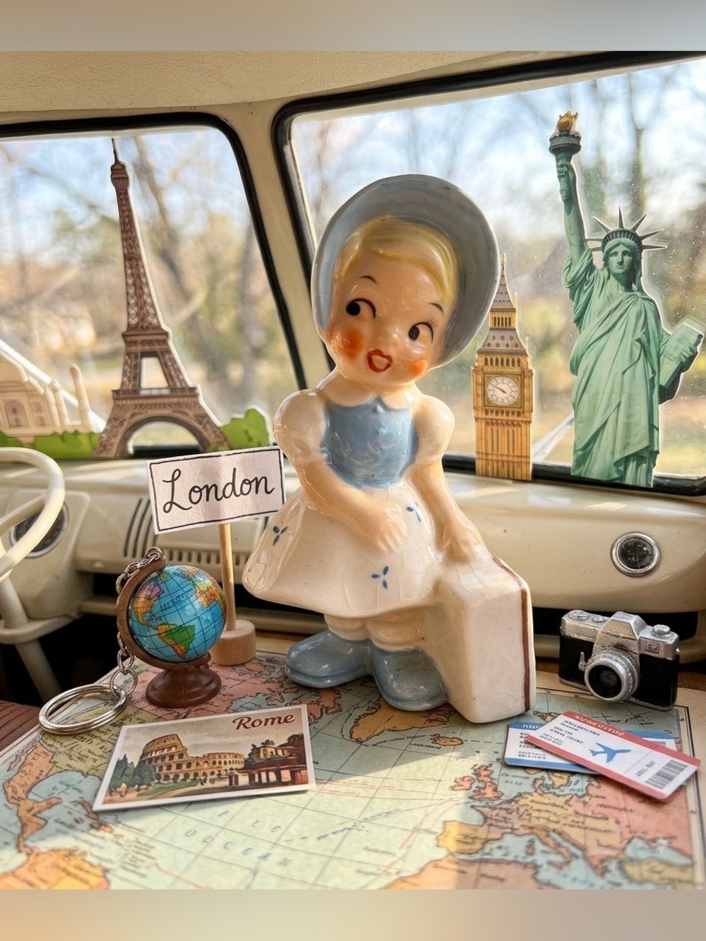 Rare Vintage Ucagco Girl w suitcase Bonnet Ceramic Figurine